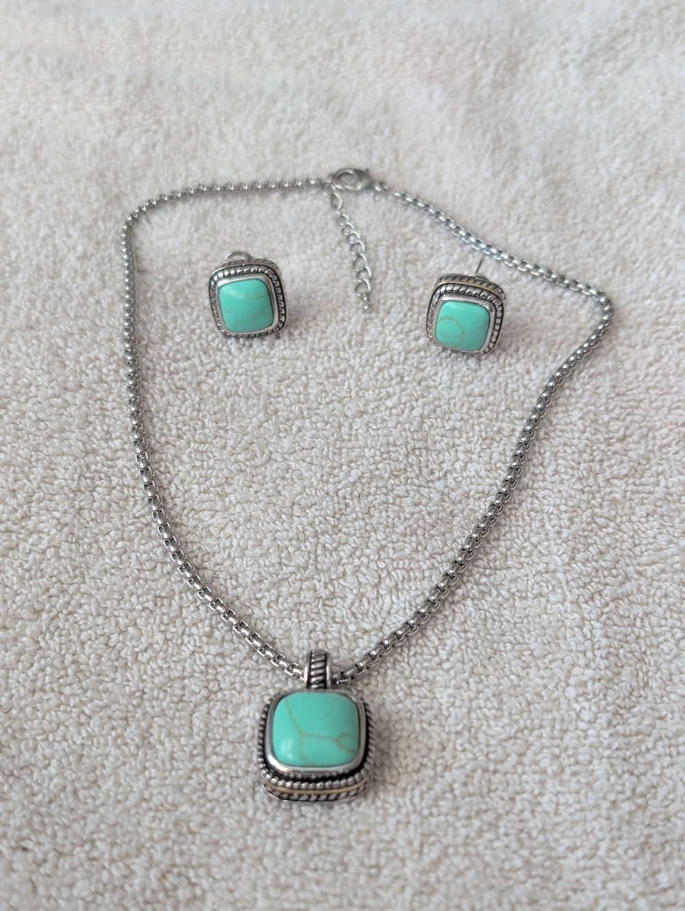 Turquoise Square Pendant Necklace and Stud Earrings Set